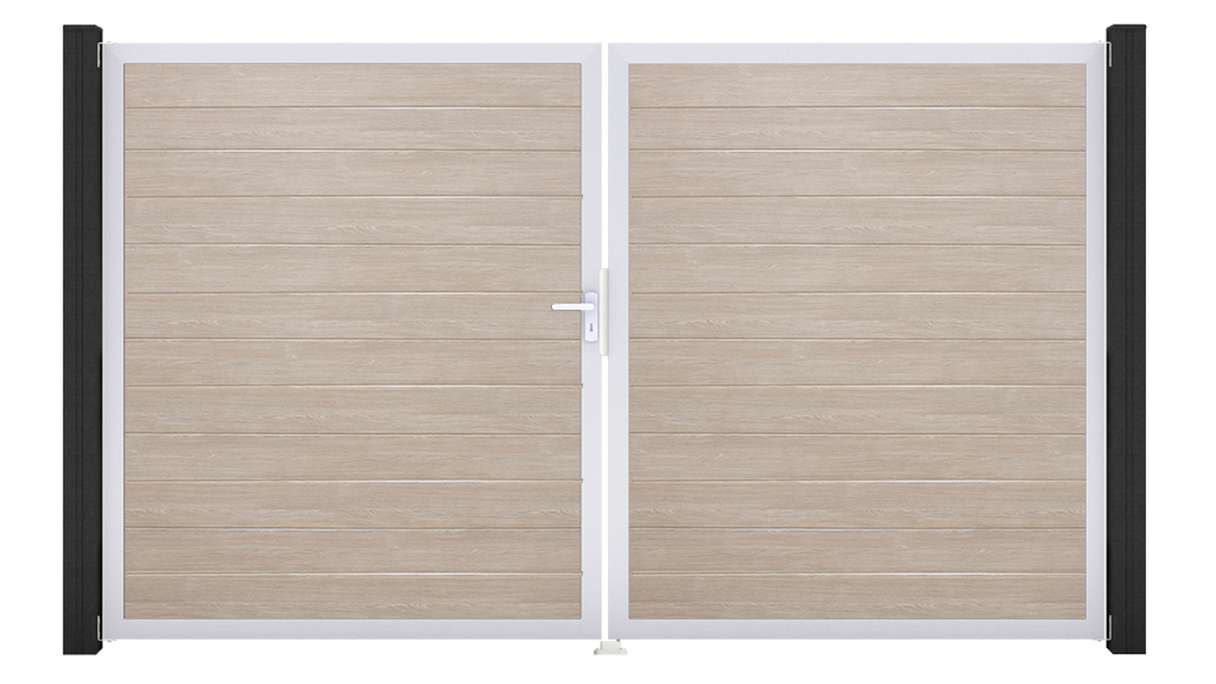 planeo Gardence Simply Small – 2-panel PVC gate in Sheffield Oak with aluminium frame, 300 x 180 cm