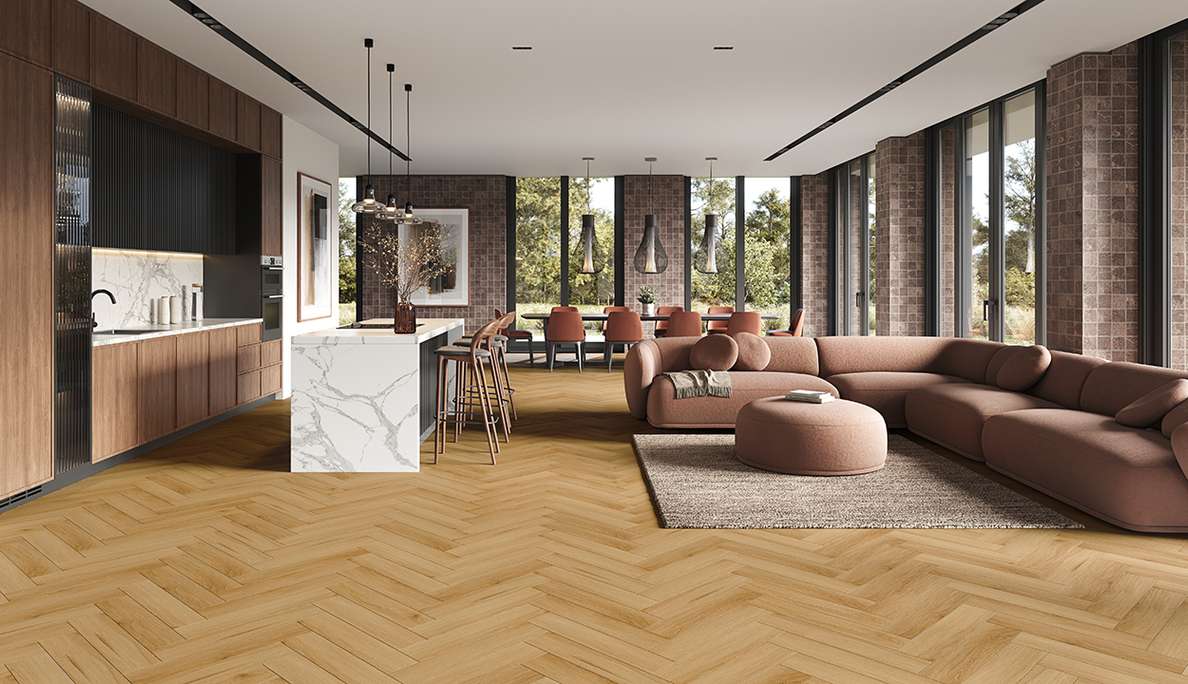 planeo Rigid Click Vinyl – SolutionX 2-in-1 Herringbone Oak Gold