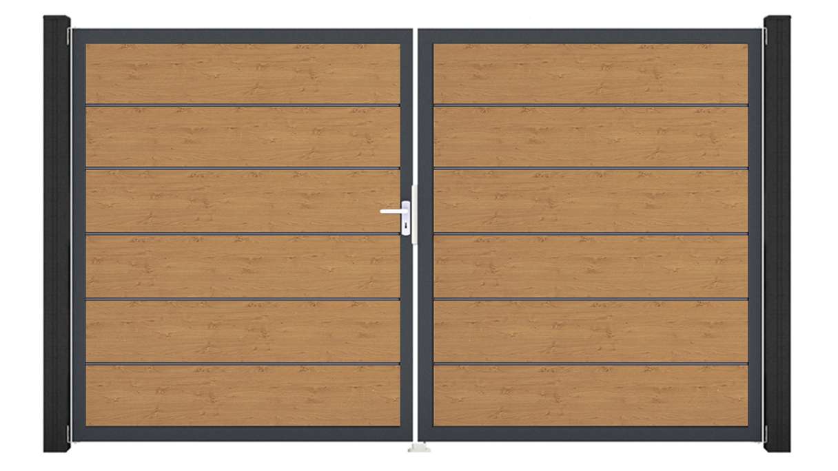 planeo Gardence Simply Premium - PVC door - DIN left 2-leaf natural knotty oak with anthracite aluminium frame | DB703 300 x 180 cm