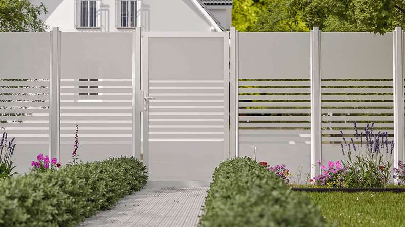 planeo Ambiente - glass privacy gate DIN right strip with aluminium frame 100 x 180 cm