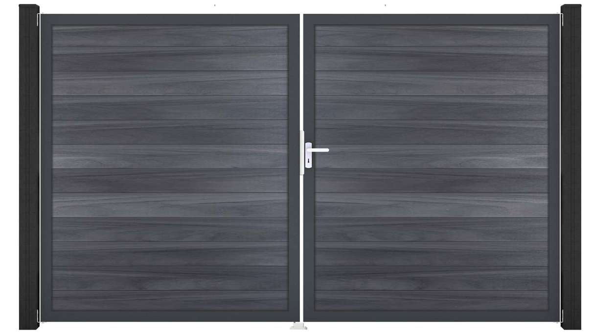 planeo Gardence Strong – BPC gate – double-leaf, stone grey co-ex with aluminium frame
