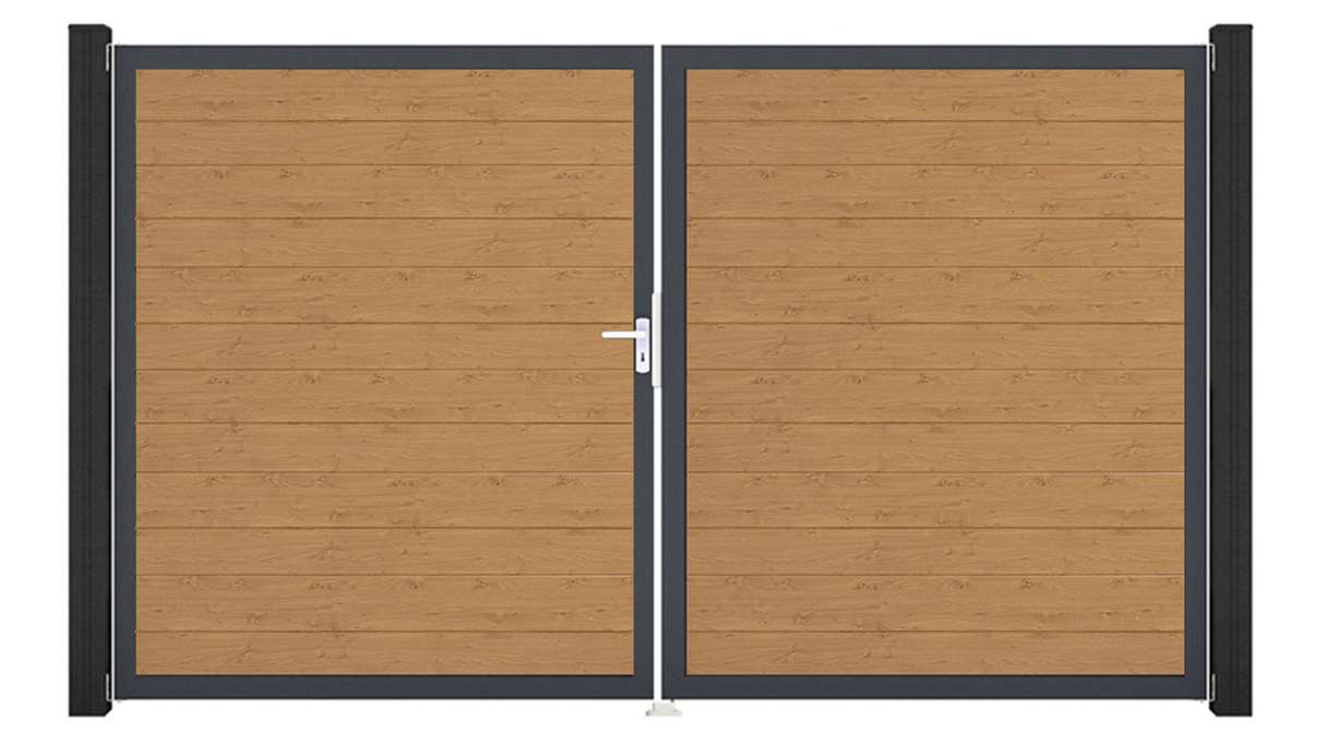 planeo Gardence Simply Small – 2-panel PVC gate in natural knotty oak finish with aluminium frame, 300 x 180 cm