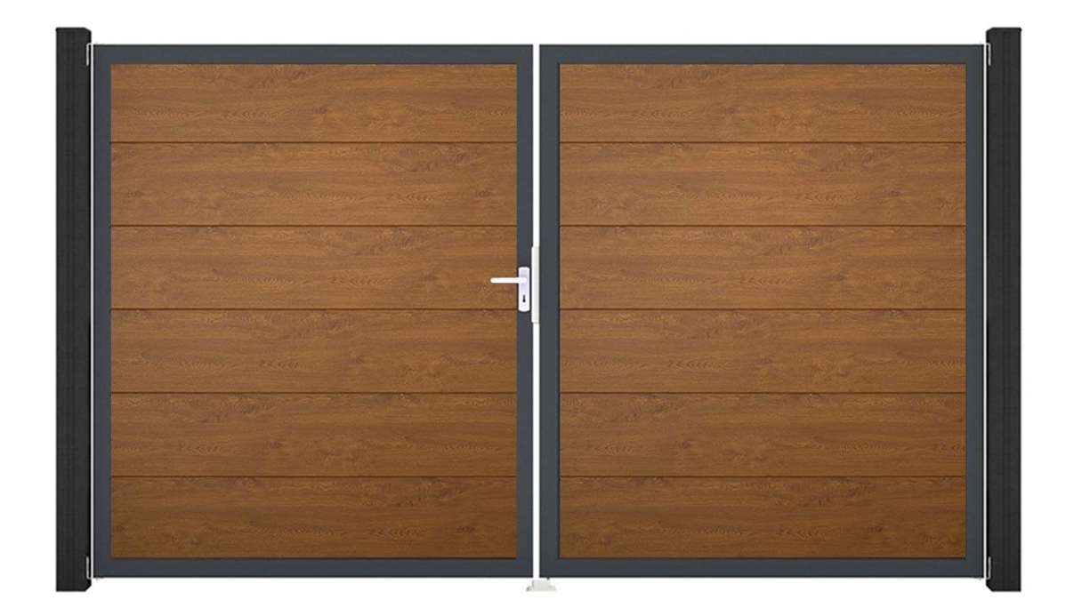 planeo Gardence Simply – 2-leaf PVC gate in Golden Oak with aluminium frame