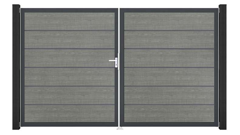 planeo Gardence Simply Premium - PVC door - DIN right 2-leaf Grey Ash Cut with anthracite aluminium frame | DB703 300 x 180 cm