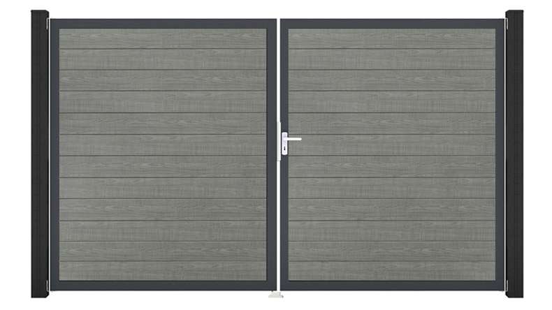 planeo Gardence Simply Small – 2-panel PVC gate in Grey Ash Cut with aluminium frame, 300 x 180 cm