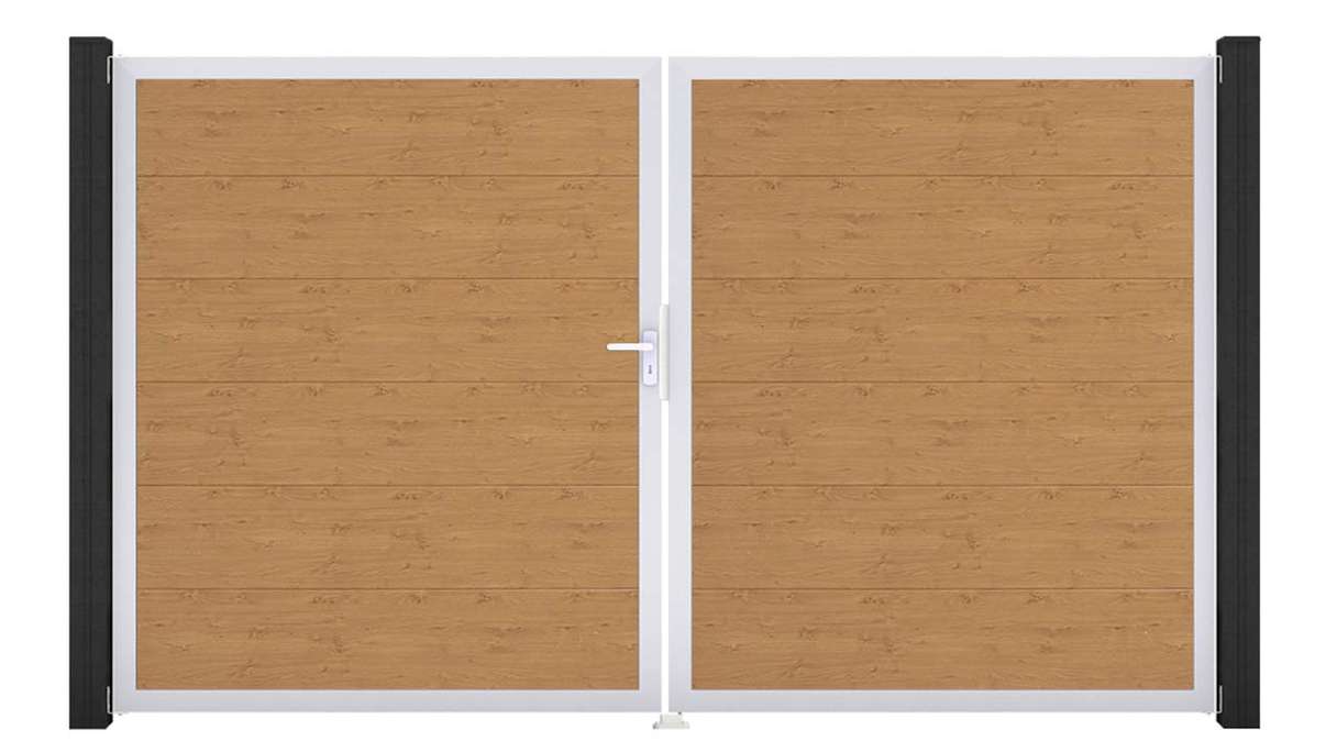 planeo Gardence Simply – 2-leaf PVC gate in natural knotty oak finish with aluminium frame