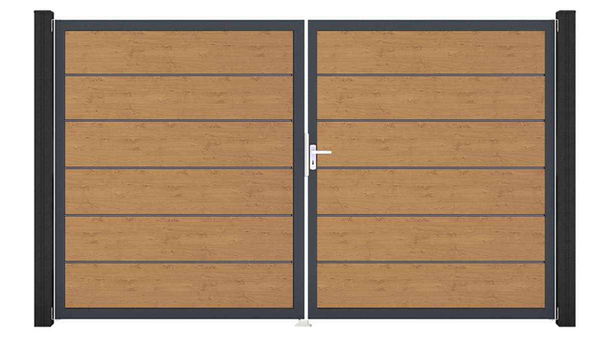 planeo Gardence Simply Premium – 2-panel PVC gate in natural knotty oak finish with aluminium frame, 300 x 180 cm