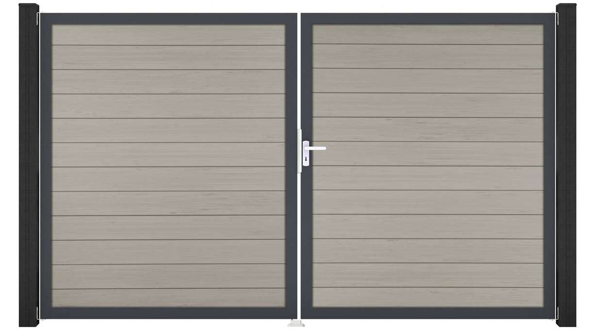 planeo Gardence Strong – BPC gate – double-leaf, two-tone sand with aluminium frame