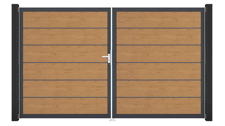 planeo Gardence Simply Premium - PVC door - DIN left 2-leaf natural knotty oak with anthracite aluminium frame | DB703 300 x 180 cm
