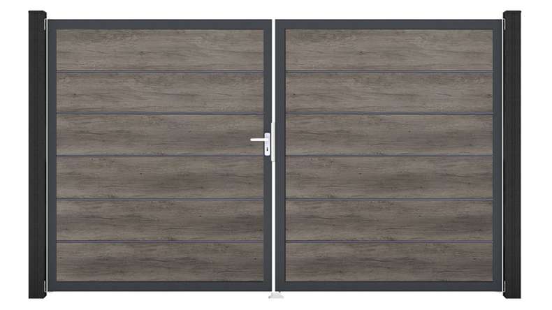 planeo Gardence Simply Premium - PVC door - DIN left 2-leaf Monument Oak with anthracite aluminium frame | DB703 300 x 180 cm
