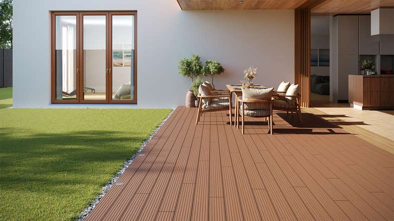 planeo LineWood WPC Solid decking board - Light brown 4.80m grooved/grooved