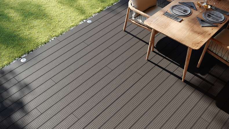 planeo LineWood WPC Solid decking board - Light grey 4.20m grooved/grooved