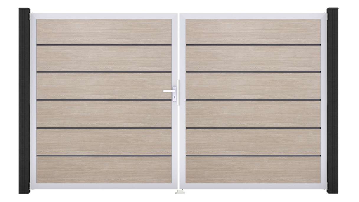planeo Gardence Simply Premium – 2-panel PVC gate in Sheffield Oak with aluminium frame, 300 x 180 cm