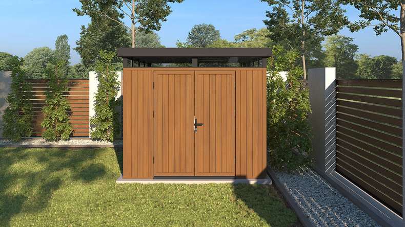 planeo WPC CoEx Flat-Roof Garden Shed M – Burma Teak 250 x 250 x 226.5 cm