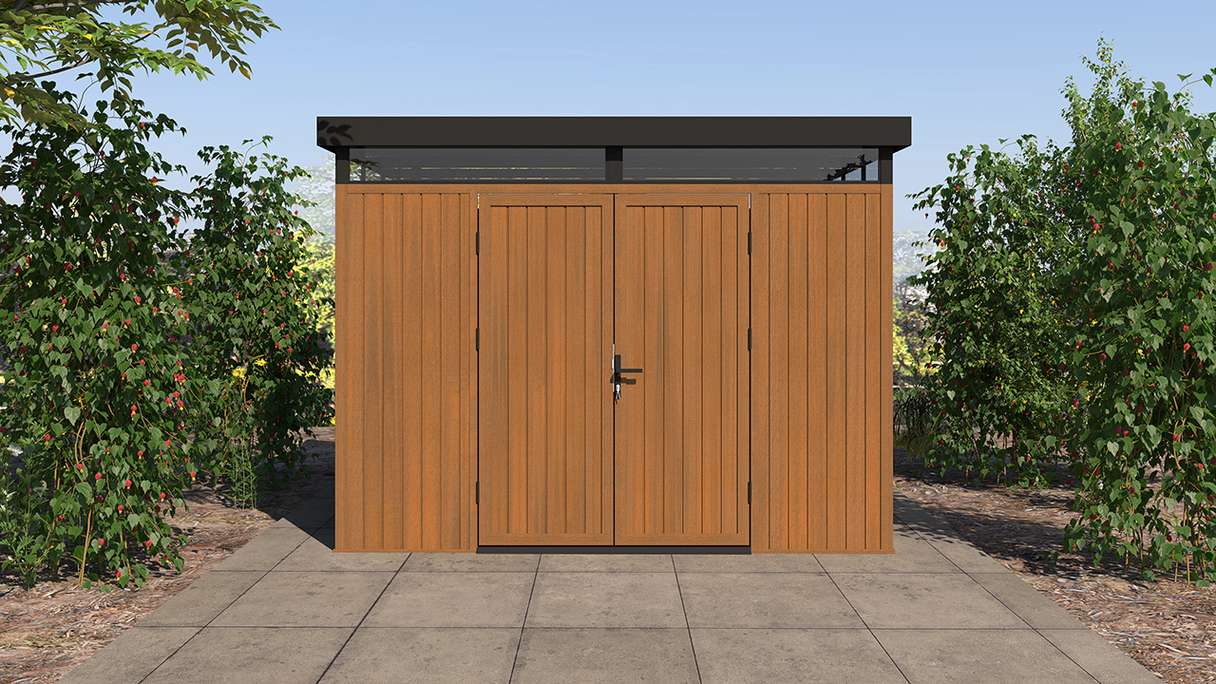 planeo WPC CoEx Flat-Roof Garden Shed L – Burma Teak 300 x 292 x 226.5 cm