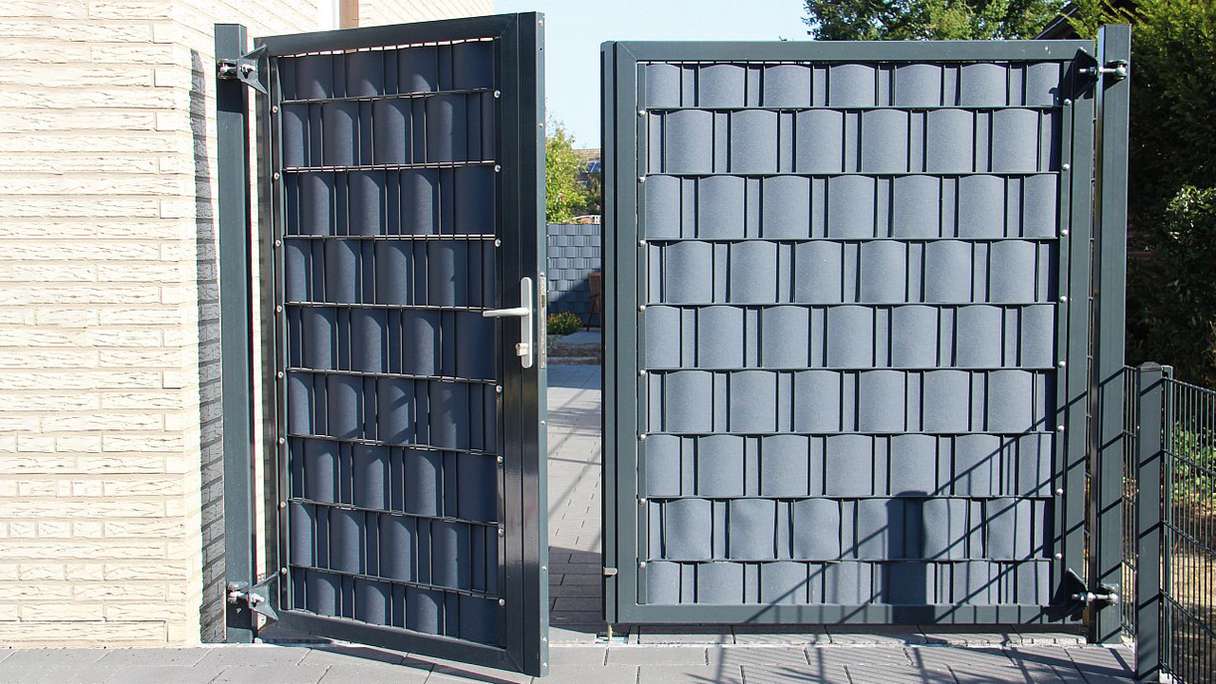 planeo universal door heavy 2-leaf asymmetric anthracite incl. gateposts