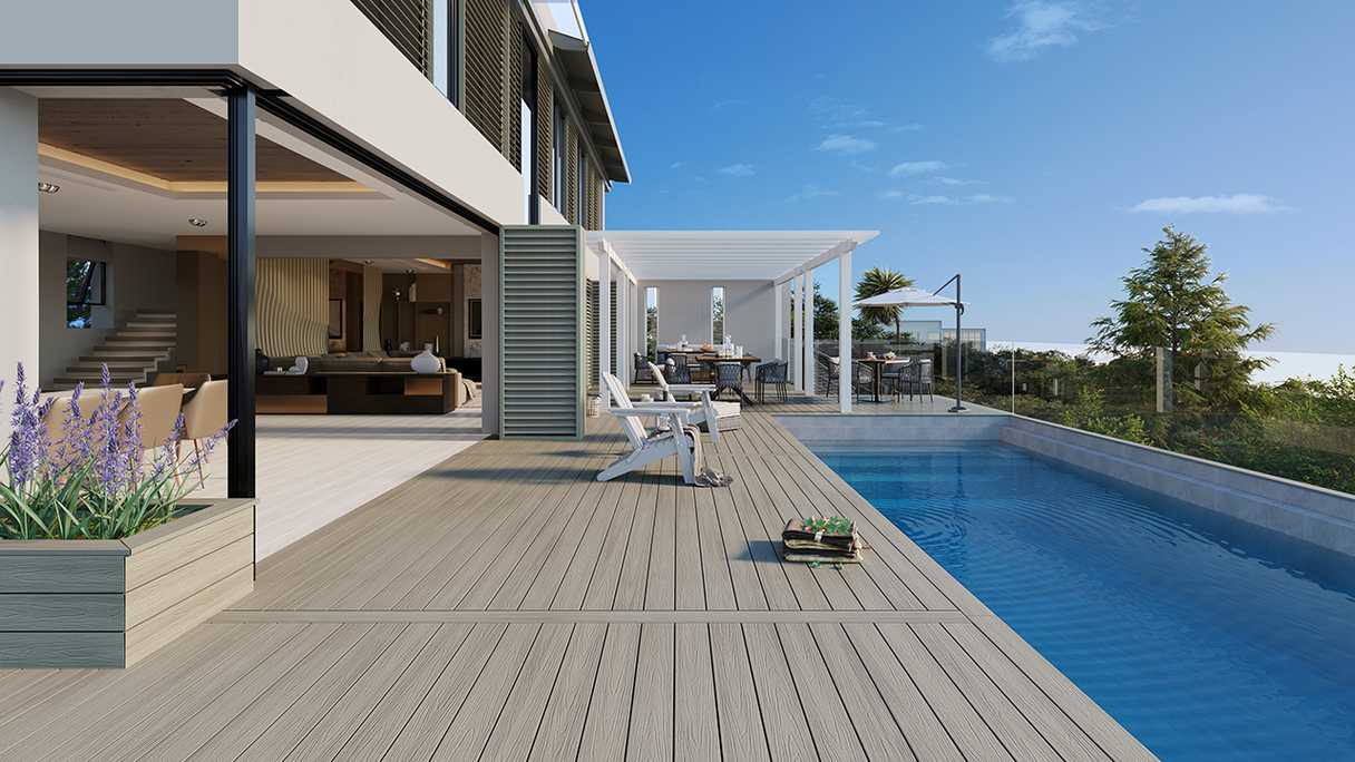 planeo UNIDeck – WPC CoEx-coated decking board, light grey, 3m – textured/smooth brushed