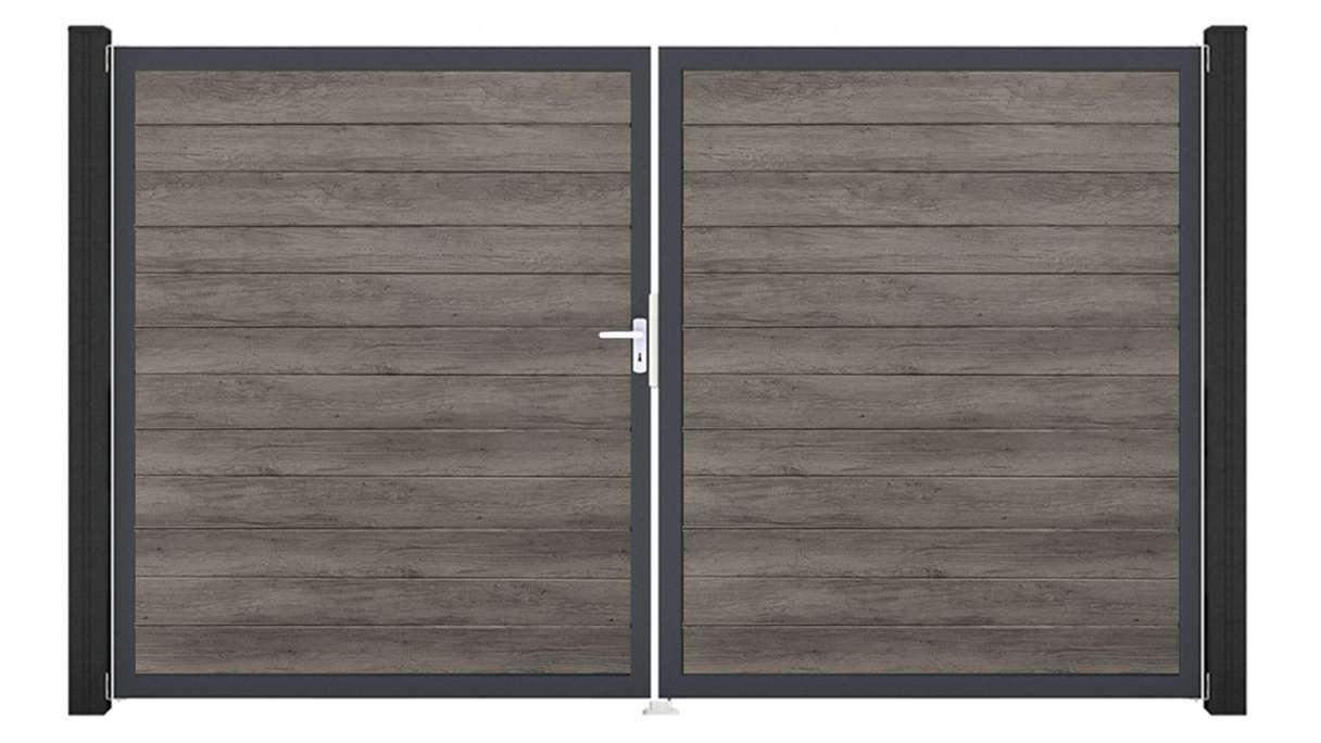 planeo Gardence Simply Small - PVC door - DIN left 2-leaf Monument Oak with anthracite aluminium frame | DB703 300 x 180 cm