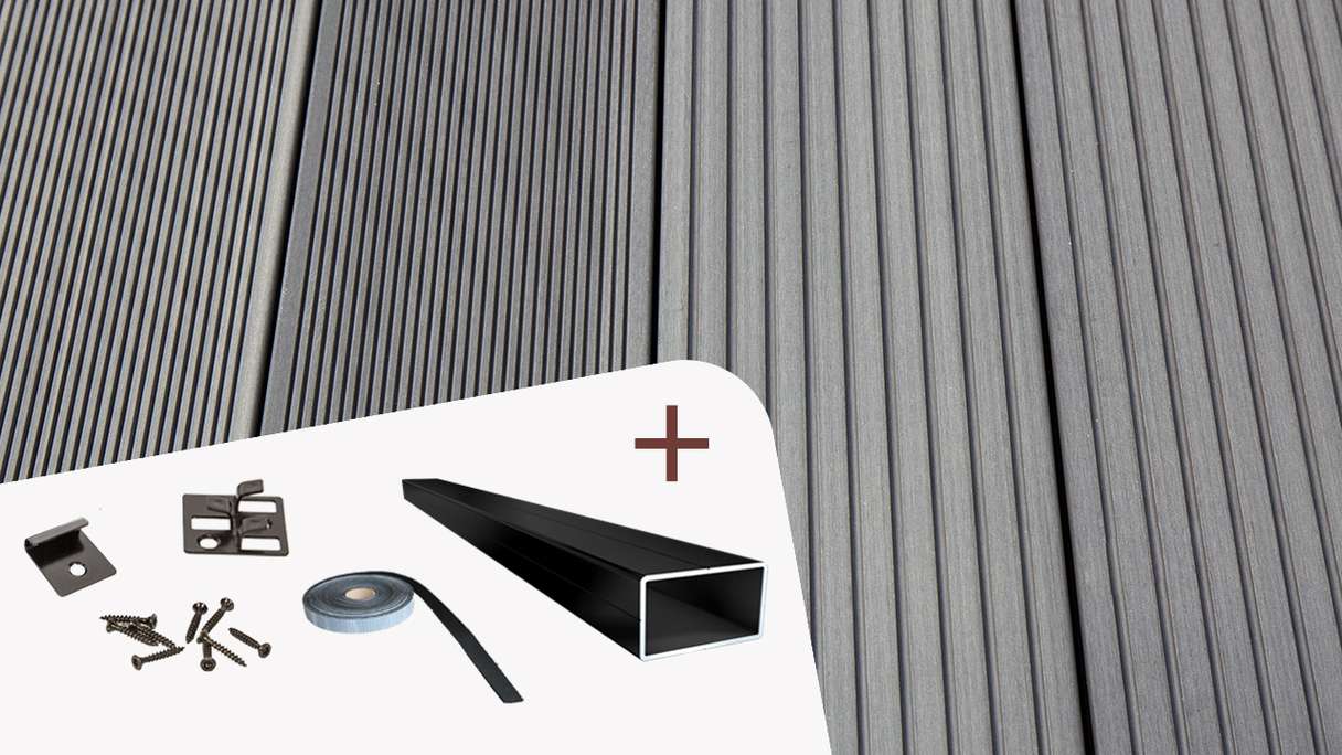 Complete set TitanWood 5m hollow core plank grooved structure light grey 80.5m² incl. Alu-UK