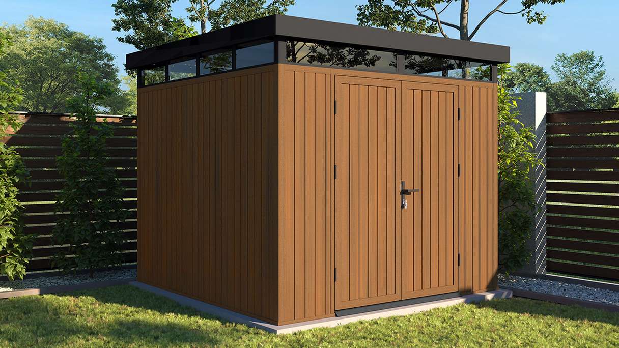 planeo WPC CoEx Flat-Roof Garden Shed M – Burma Teak 250 x 250 x 226.5 cm