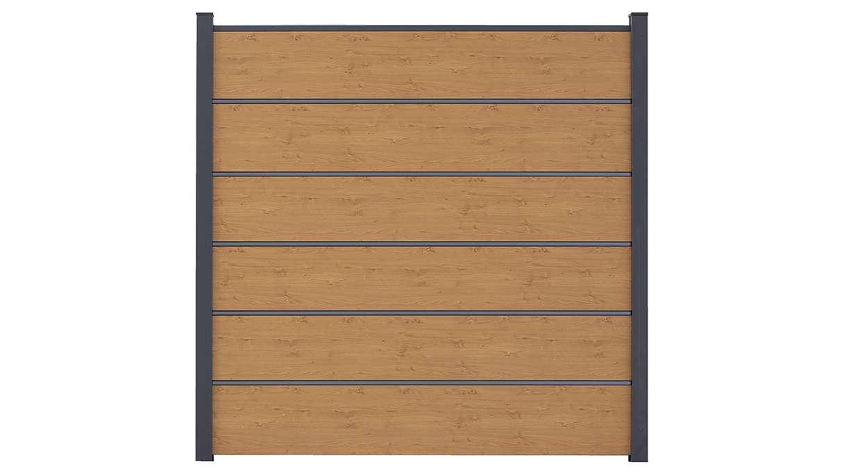 planeo Gardence Simply Premium - PVC plug-in fence natural knotty oak with pilaster strips in anthracite 180 x 180 cm