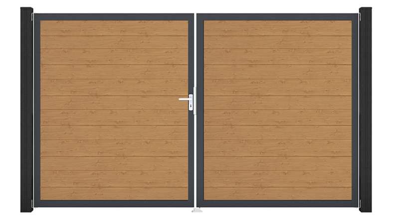 planeo Gardence Simply Small – 2-panel PVC gate in natural knotty oak finish with aluminium frame, 300 x 180 cm
