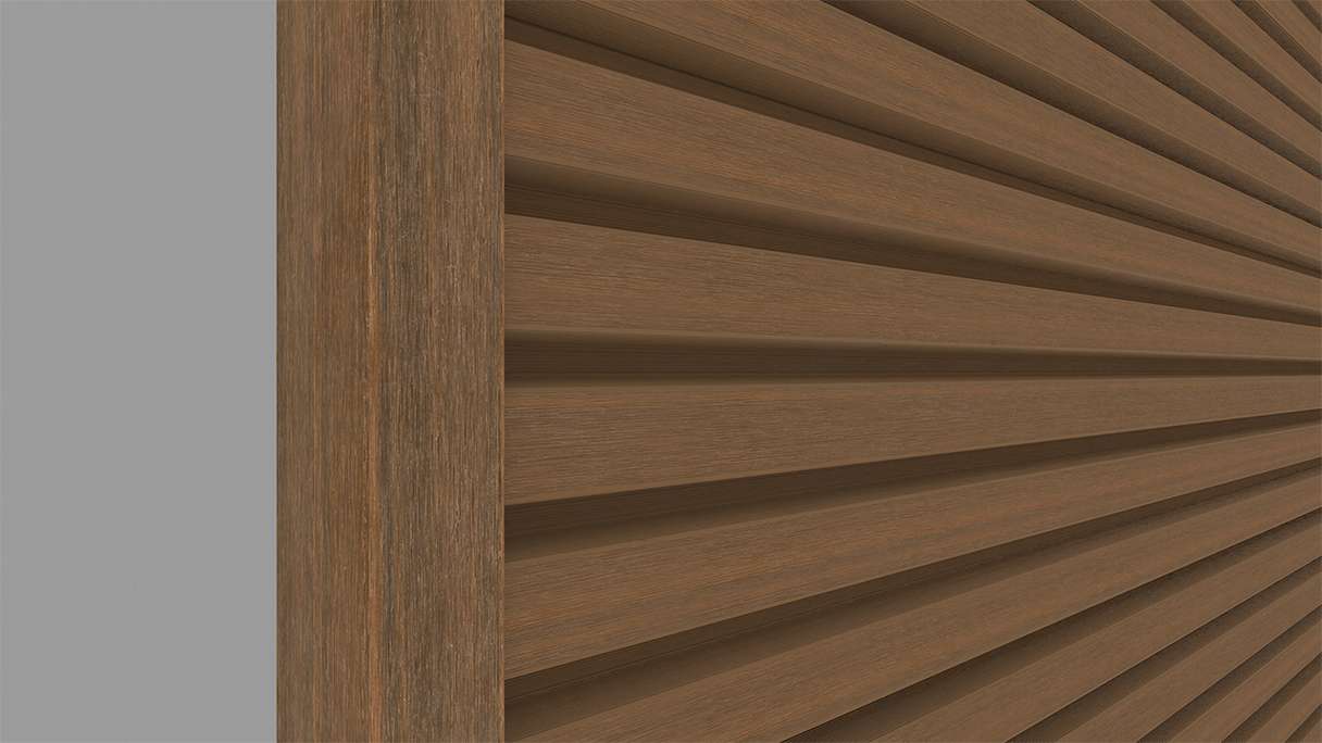 planeo LINEA – Aluminium CoEx end profile, Burma Teak, 3000 x 74 x 61 mm