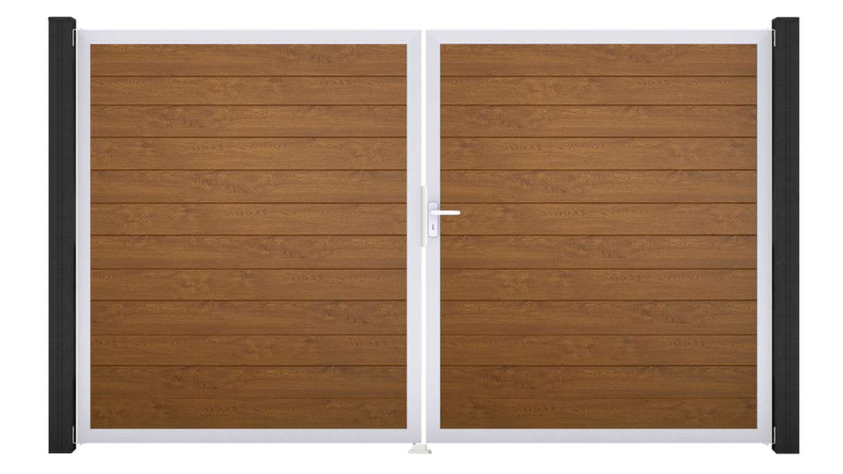planeo Gardence Simply Small – 2-panel PVC gate in Golden Oak with aluminium frame, 300 x 180 cm