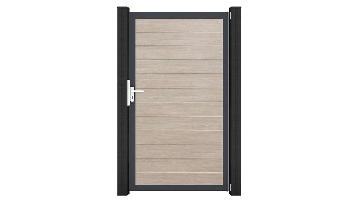 planeo Gardence Simply Small – Sheffield Oak universal PVC gate with aluminium frame, 100 x 180 cm