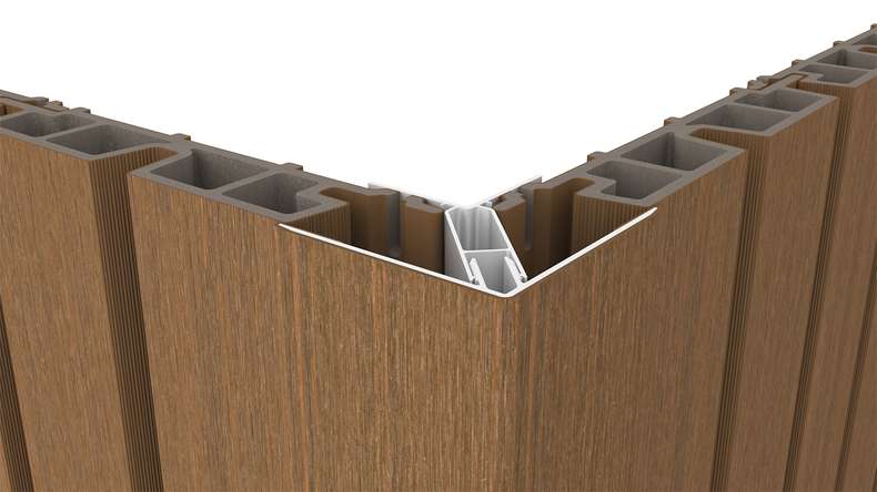 planeo LINEA – Aluminium CoEx external corner profile, Burma Teak, 3000 x 66 x 66 mm