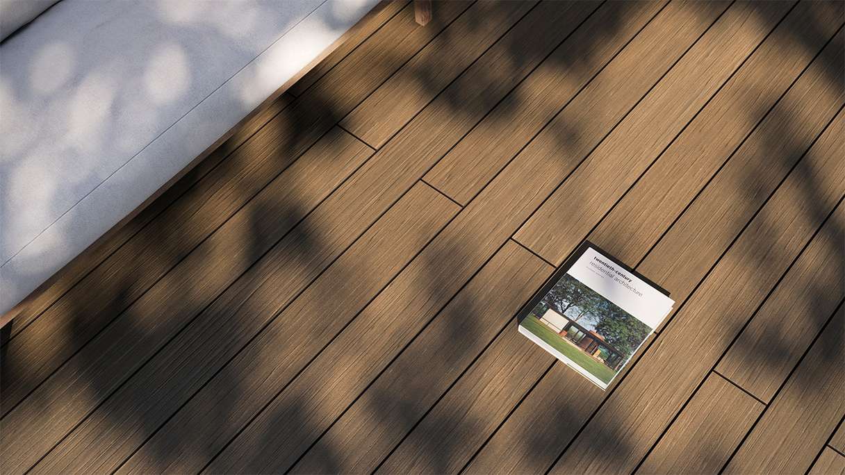 planeo AntikWood WPC decking complete set solid planks 4.8m (50.8m²) - Light brown antique aged