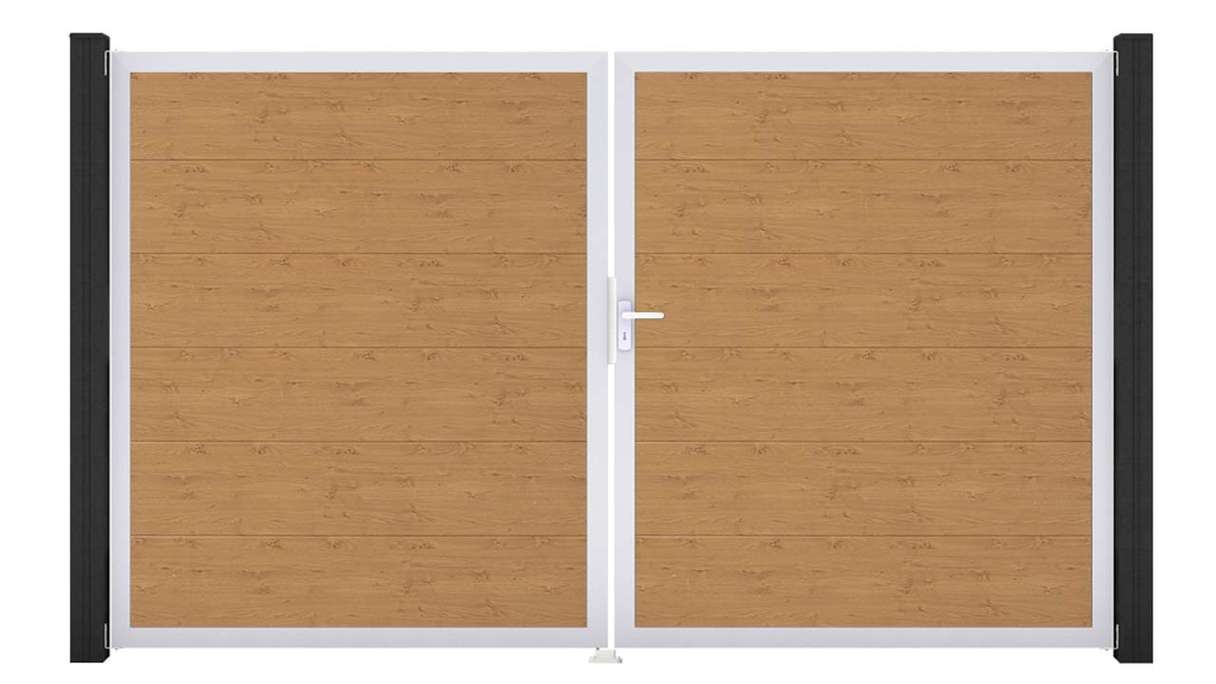 planeo Gardence Simply – 2-leaf PVC gate in natural knotty oak finish with aluminium frame