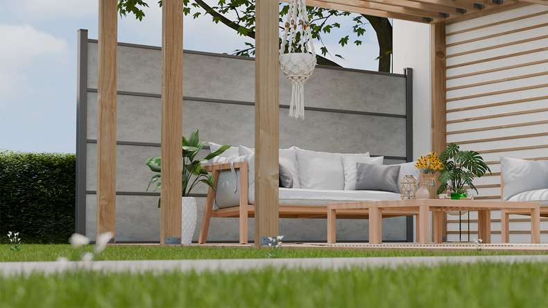 planeo Gardence Resistant - HPL plug-in fence concrete grey 180 x 183 cm