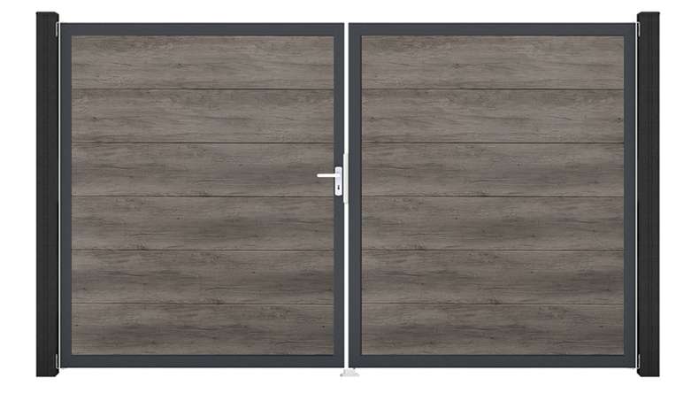 planeo Gardence Simply Guard - PVC door - DIN left 2-leaf Monument Oak with anthracite aluminium frame | DB703 300 x 180 cm