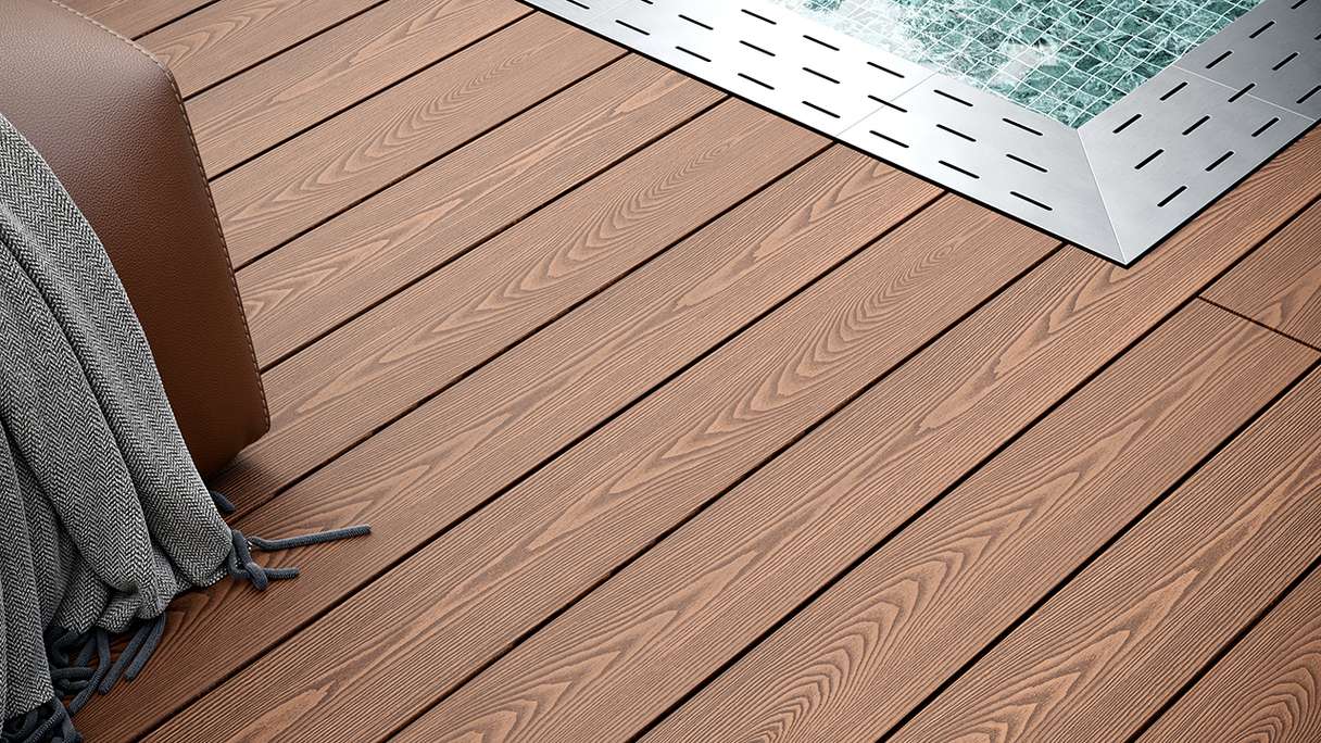 planeo SolidWood WPC decking complete set solid plank 3m (19.85m²) - light brown french/textured