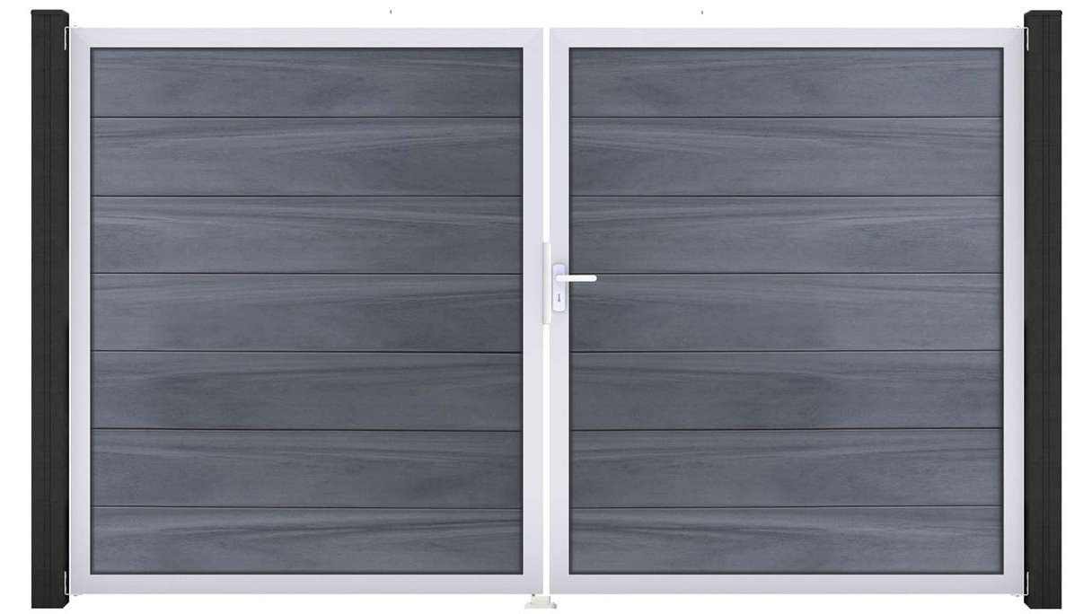 planeo Gardence Strong XL – BPC gate – double-leaf, stone grey co-extruded with aluminium frame