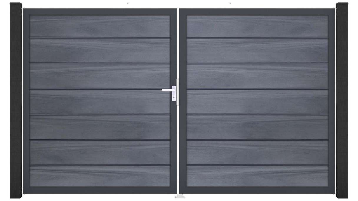 planeo Gardence Deluxe – BPC gate – double-leaf, stone grey co-ex with aluminium frame