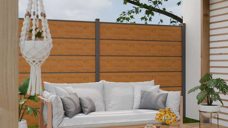 planeo Gardence Simply Premium - PVC plug-in fence natural knotty oak with pilaster strips in anthracite 180 x 180 cm