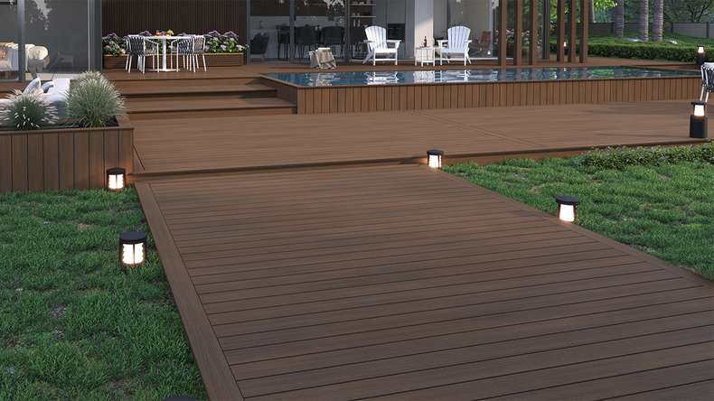 planeo WOODLine Nature - WPC CoEx coated decking board hollow chamber - Ipe Brown 3m textured/smooth brushed