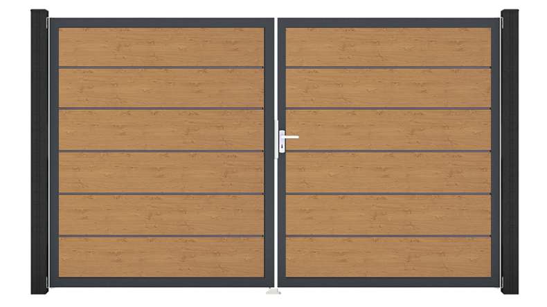 planeo Gardence Simply Premium – 2-panel PVC gate in natural knotty oak finish with aluminium frame, 300 x 180 cm