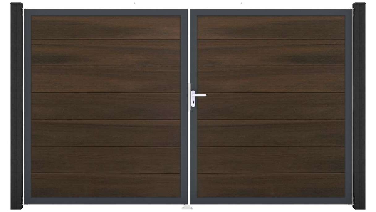 planeo Gardence Strong XL – BPC gate – double-leaf, walnut co-ex with aluminium frame