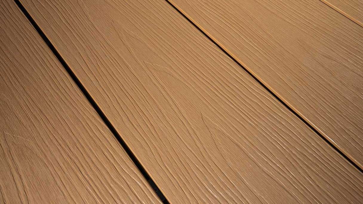 planeo MAXLine Nature - WPC CoEx coated XL decking board hollow chamber - sand 3m textured/smooth brushed