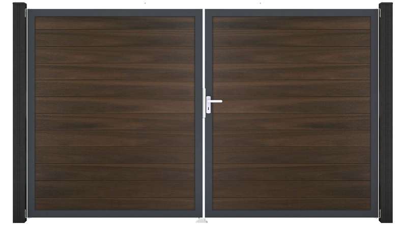planeo Gardence Strong – BPC gate – double-leaf, walnut co-ex with aluminium frame 