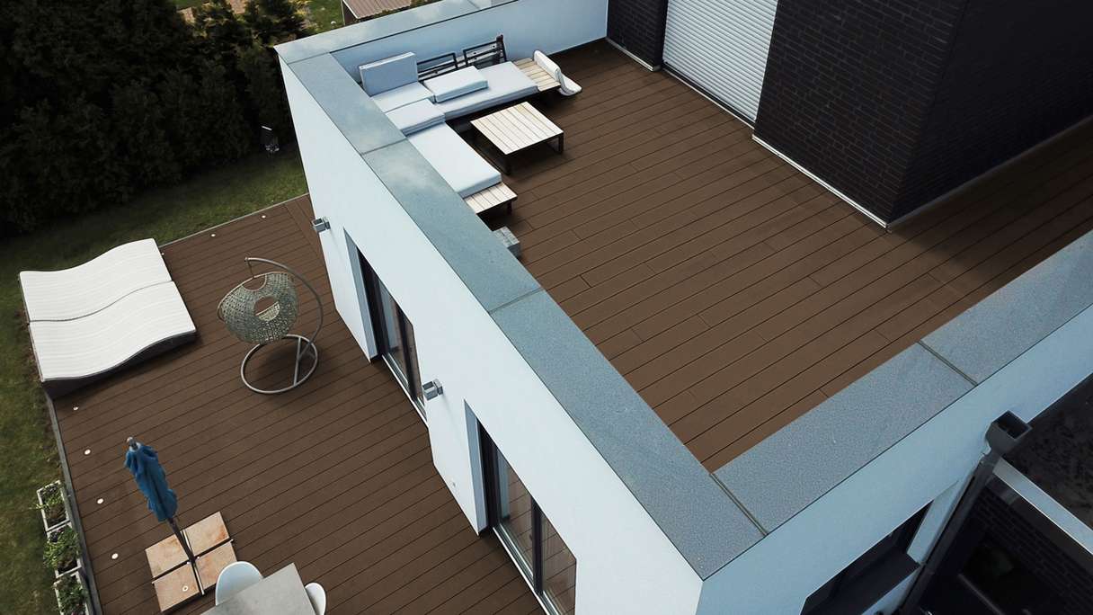 Complete set TitanWood 5m hollow core plank grooved structure dark brown 55.5m² incl. Alu-UK