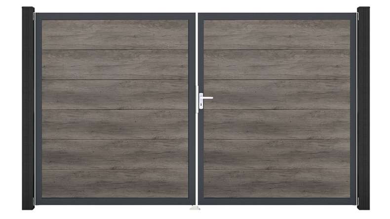 planeo Gardence Simply Guard – PVC gate – double-leaf, Monument Oak with aluminium frame, 300 x 180 cm