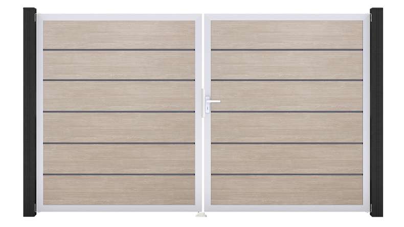 planeo Gardence Simply Premium - PVC door - DIN right 2-leaf Sheffield Oak with silver aluminium frame | EV1 300 x 180 cm