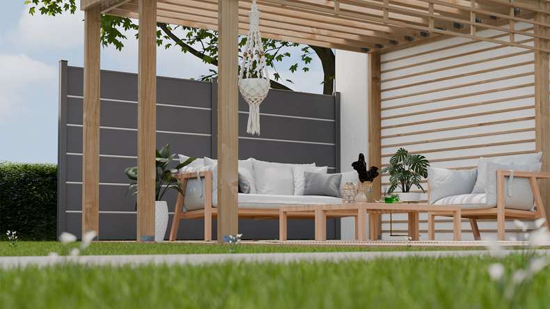 planeo Gardence Simply Premium - PVC plug-in fence anthracite grey with pilaster strips in anthracite 180 x 180 cm