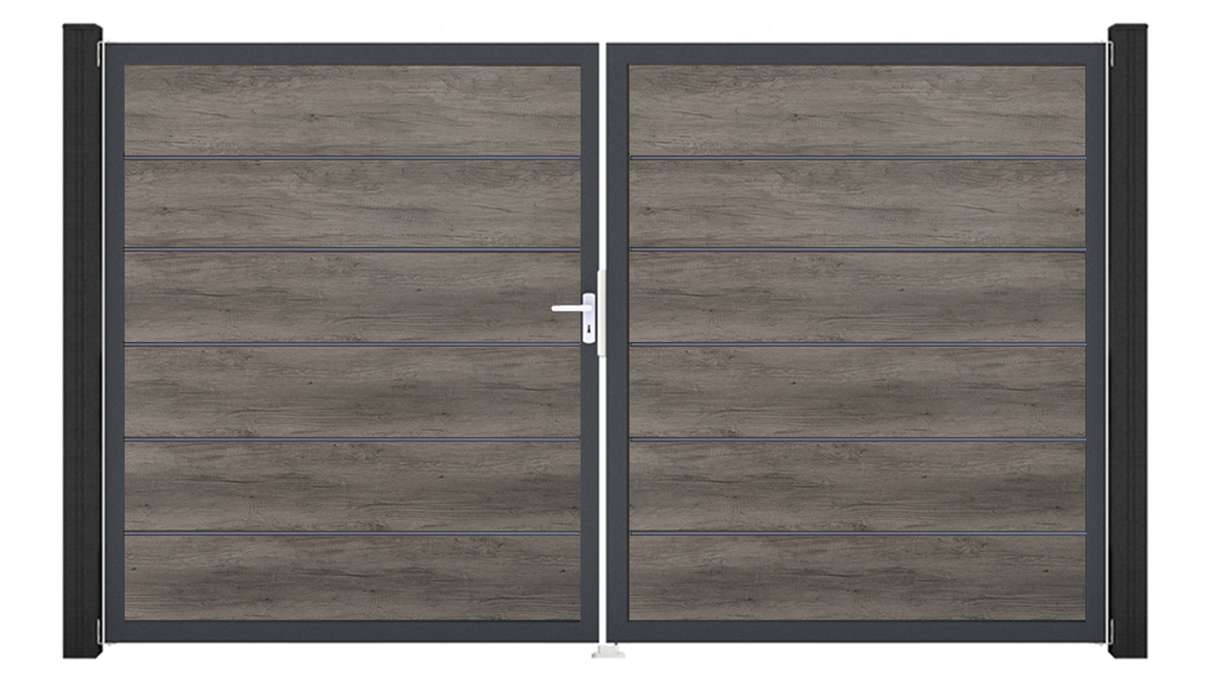 planeo Gardence Simply Premium – 2-panel PVC gate in Monument Oak with aluminium frame, 300 x 180 cm