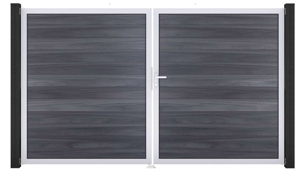 planeo Gardence Strong – BPC gate – double-leaf, stone grey co-ex with aluminium frame