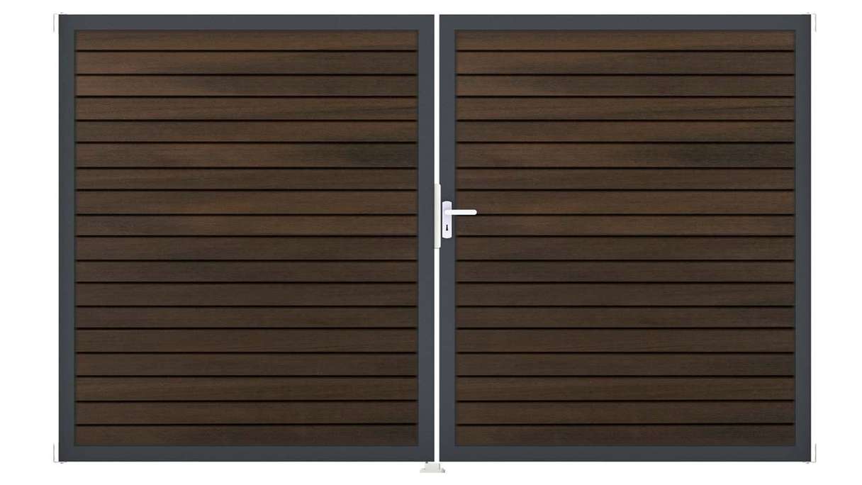 planeo Gardence Trendy – BPC Rhombus Gate – 2-leaf, walnut co-ex with aluminium frame